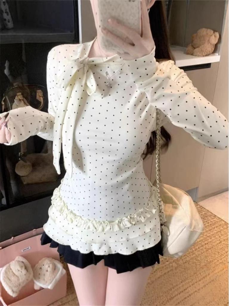 Korean Bow Tie Polka Dot Long Sleeve T-shirt with Slim Waist Design - Women's 2026 Trendy Base Top