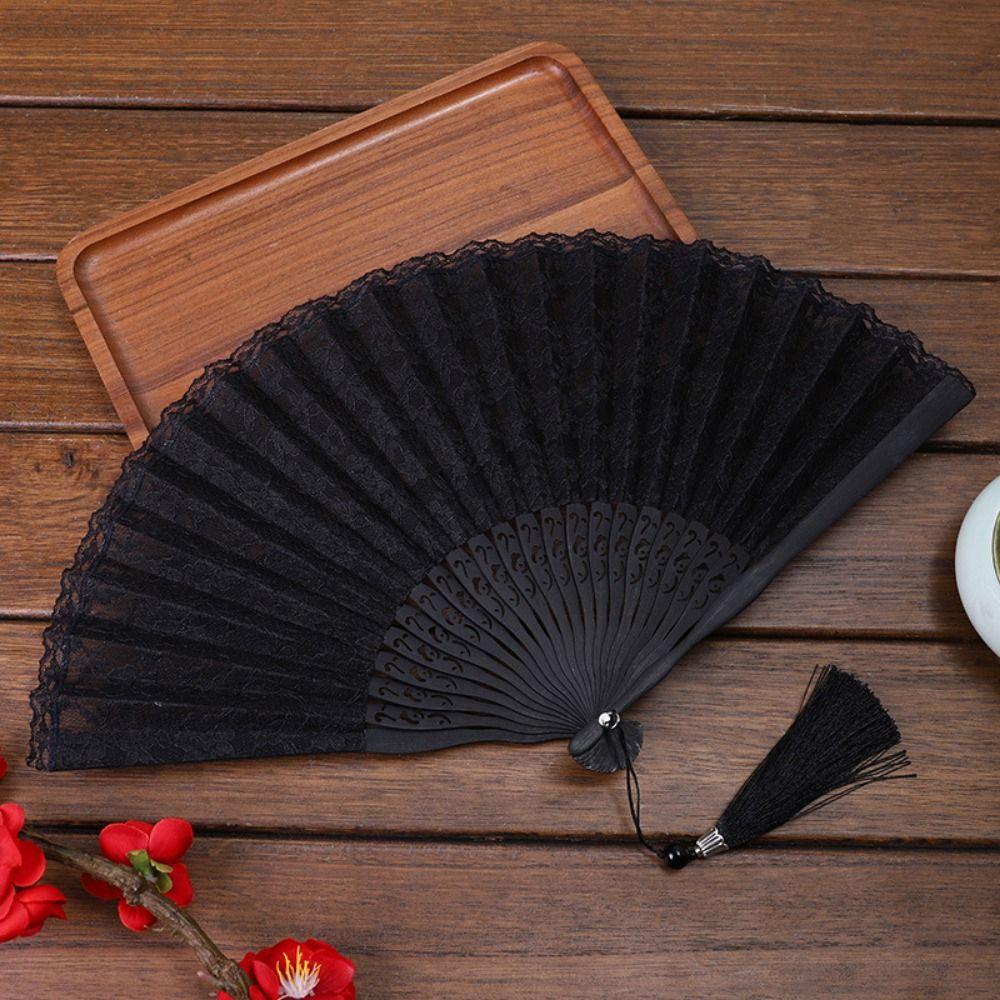 Flowers Pattern Folding Fan Fan Tassel Pendent Chinese Fan Lace Handheld Fans  Hanfu Accessory