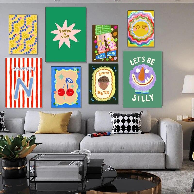 

Cute Sun Rainbow Star Gesture Cherry Nuts Wall Art Painting Nordic Posters and Prints Wall Picture Kids Room