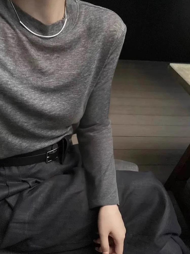 

Women s Round Neck Wool Knit Top - Korean Style Loose Fit, Slimming Base Shirt, Simple Straight Shoulder Large серый