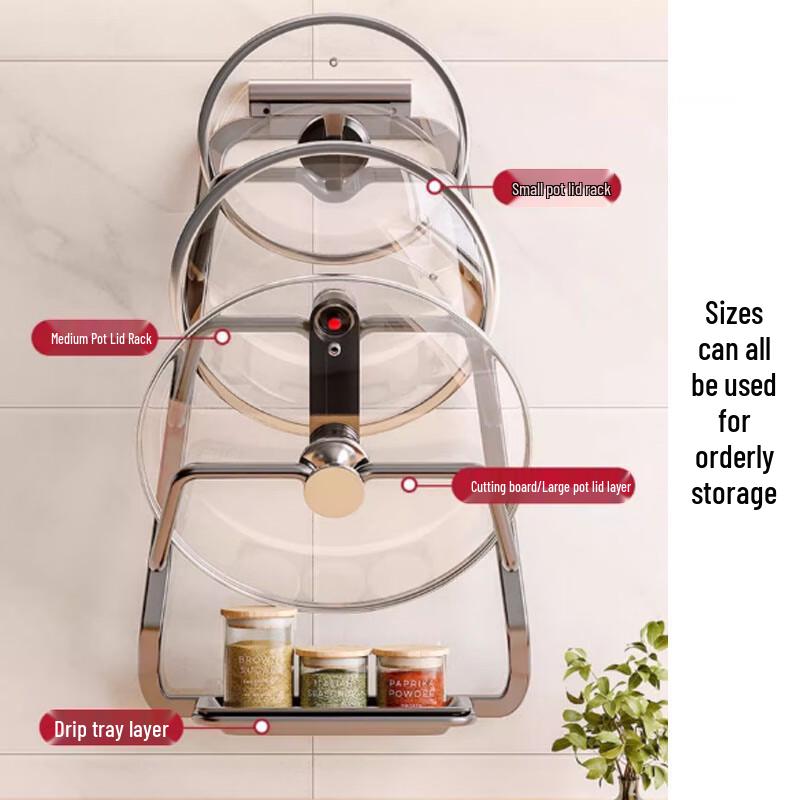 Wall-Mounted 3-Tier Pot Lid & Cutting Board Rack, Gunmetal Grey