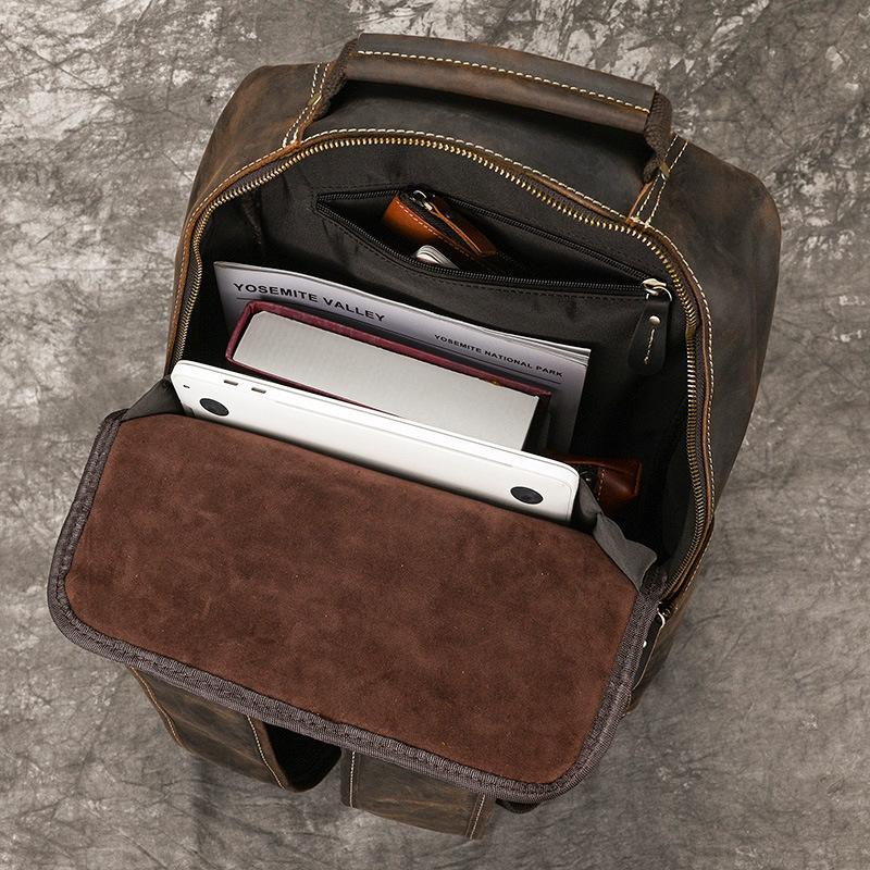 Vintage Crazy Horse Leather Backpack Men'S Leather Backpack School Bag Travel Bag 15 Inch Commuter Computer Bag