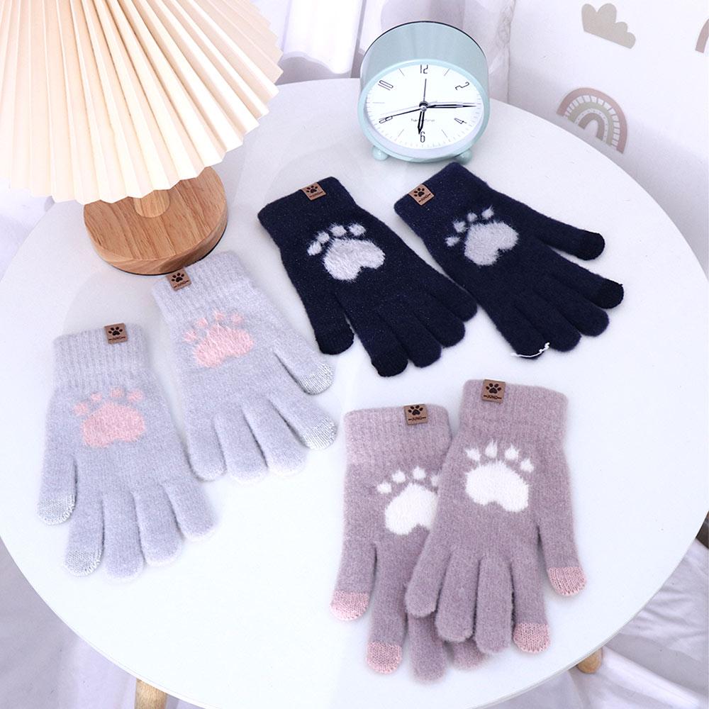 Elastic Knitted Plus Velvet Cat Paw Wool Mittens Female Gloves Driving Gloves Gloves