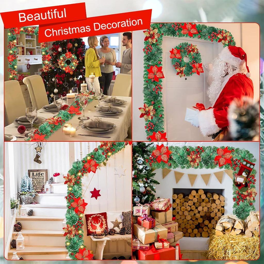 Christmas Garland with Red Flower, Balls, Berries, Snowy Pine Artificial Garland for Indoor Outdoor Home Fireplace Decoration