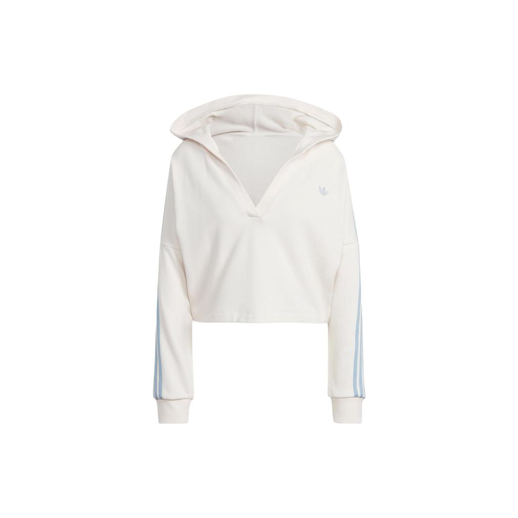 Adidas Originals Trefoil Solid Color V-Neck Cropped Pullover Hoodie Long Sleeve Women Hoodie White IC8521