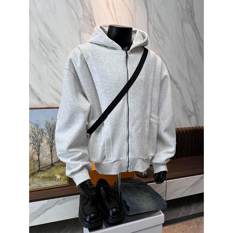 Men's 400g Heavy Gray Deconstructed Zip-Up Hoodie