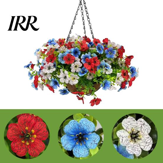 Decorative Flower Basket Artificial Hanging with for Outdoors, 4th of July Patriotic Faux Violet Flowers Flowers, UV Resistant Fake Plants
