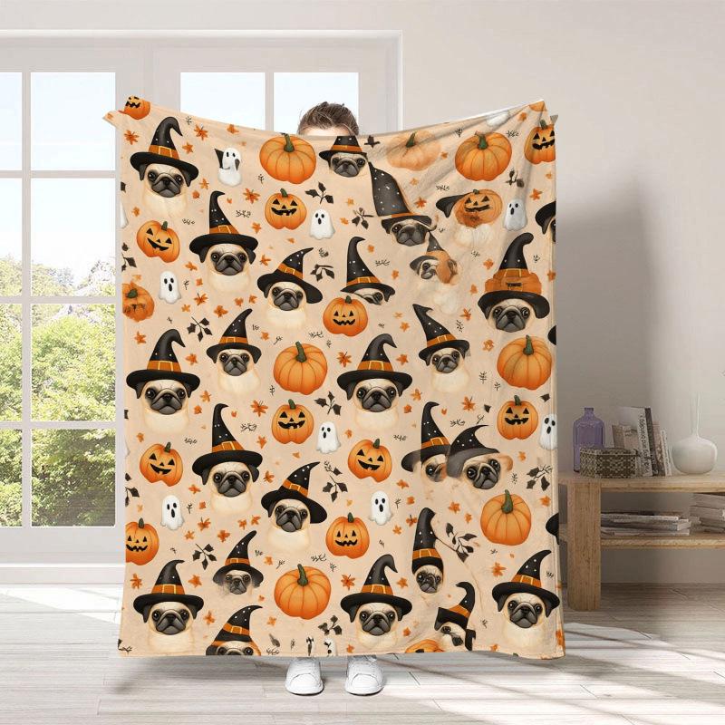 Warm Halloween Flannel Blanket - Cartoon Ghost & Pumpkin Design
