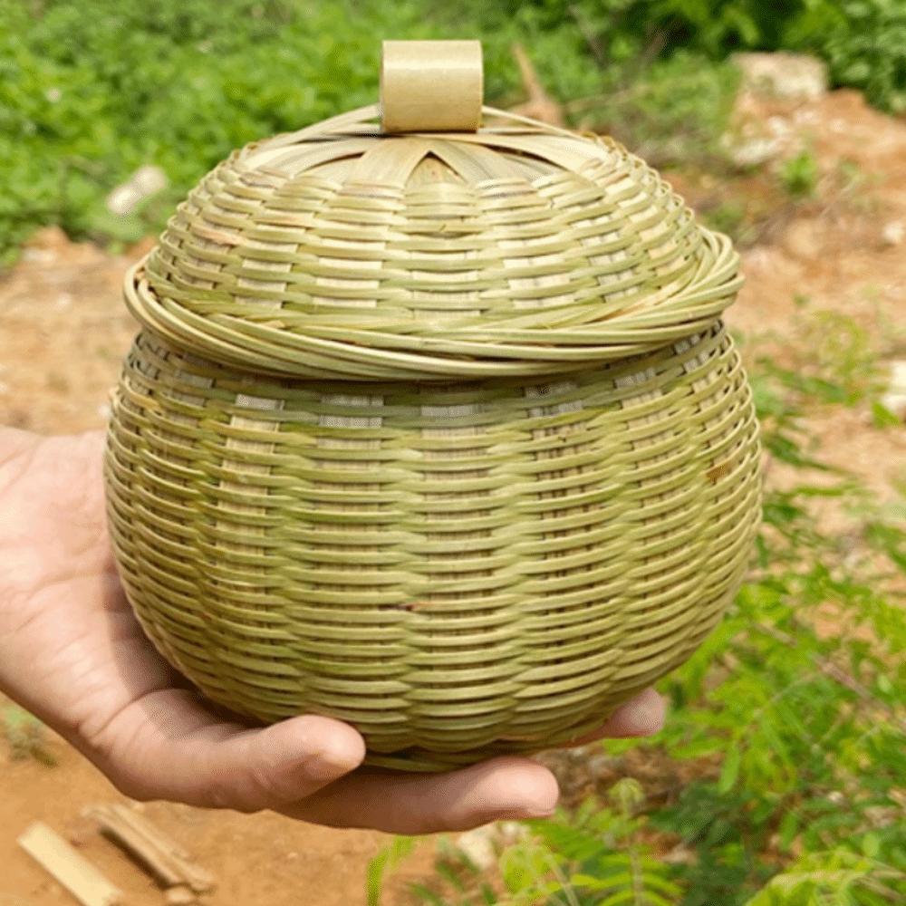 Vegetable Food Hand Woven Storage Basket Round Multi-Purpose Storage Box with Lid Durable Wicker Tray Home Organizer