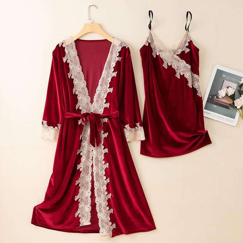 New Autumn Velvet Pajamas Two-piece Robe Set Feminine Lace See-through Robe Bathrobe Casual Velvet Home Clothes