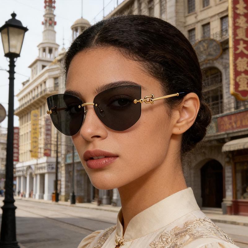 Cat Eye Metal Borderless Retro Men Women Sunglasses Fashion Trend Outdoor Sunscreen Sunshade Street Photography Glasses