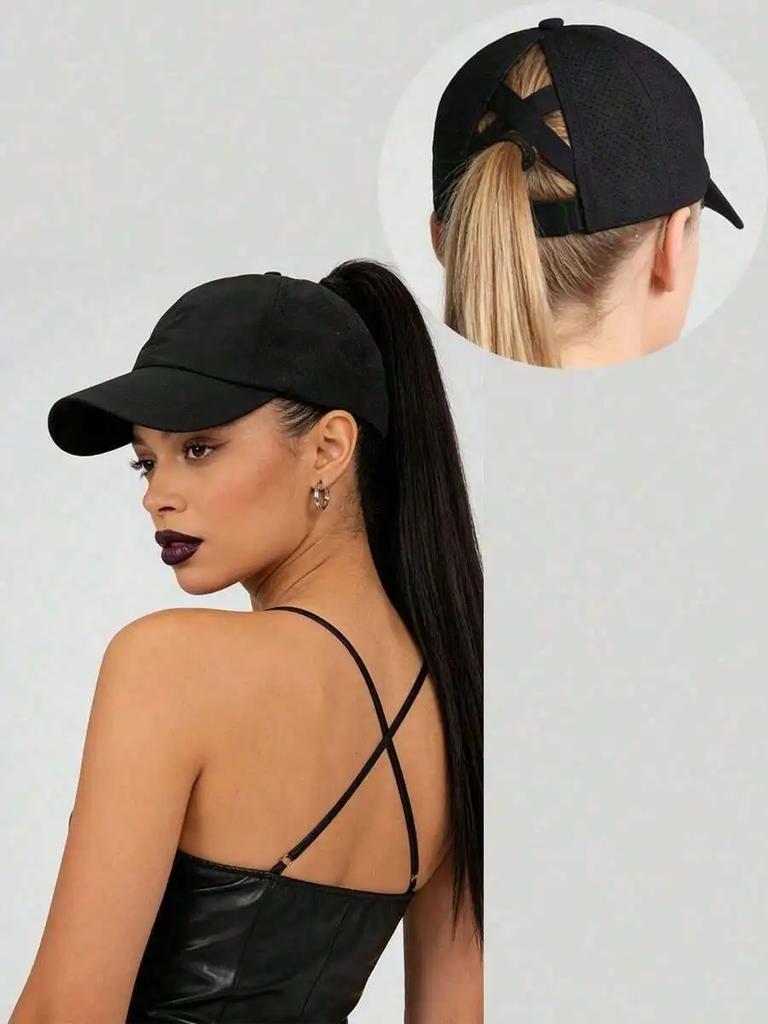 Adjustable Mesh Baseball Cap With Criss-Cross Ponytail Opening, Breathable Sun Protection Hat For Outdoor Travel Beach