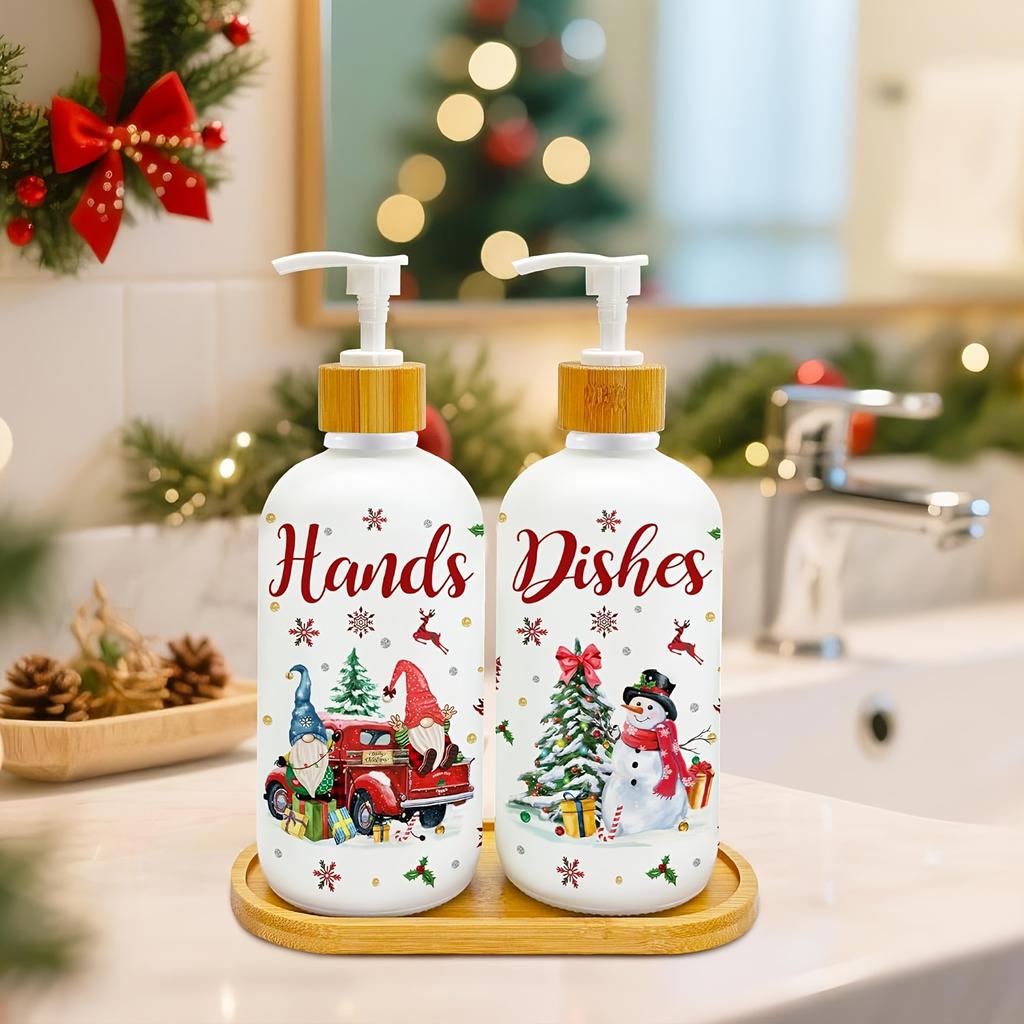 Set de 2 Dispensadores de Jabón Navideños, Decoración Navideña para Cocina, Dispensador de Jabón de Gnomos de Navidad con Bandeja para Decoraciones Interiores del Hogar