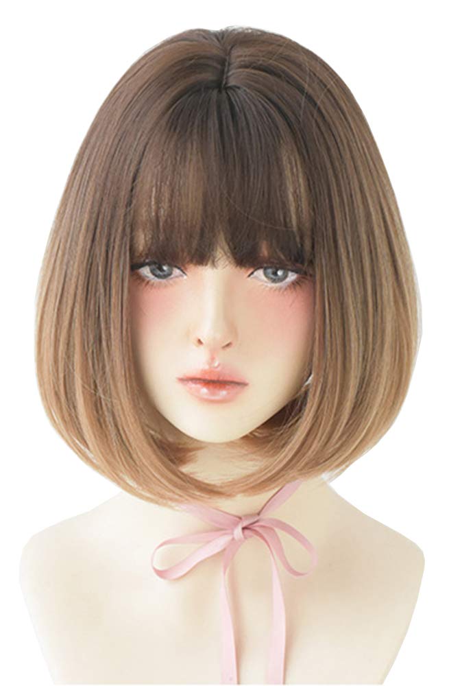 

Full wig, gradient wig, mesh bob, blunt cut, short, 3D gradient, hair styling, nape, bob, curls (cafe brown milk tea gradient)