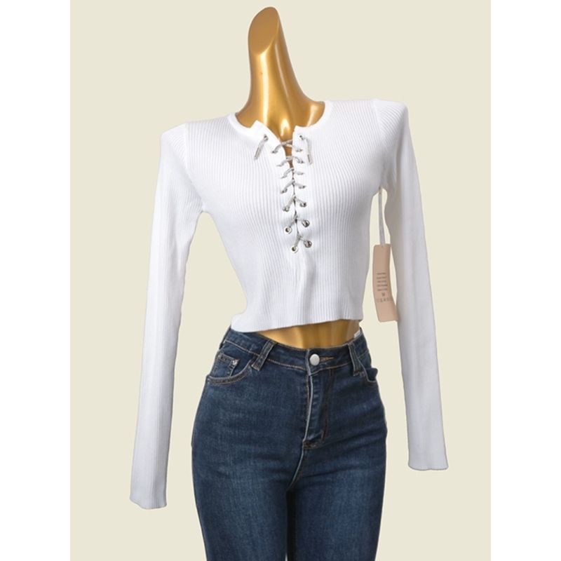 American High Waist Top Drawstring Rhinestone Thread High Elastic Short Slim Long Sleeve Knitwear Export Original Sample Women's Clothes