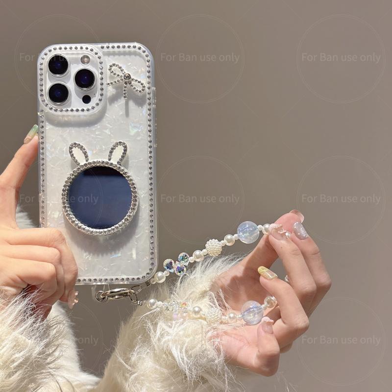 Cute Bright Diamond Phone Case For Samsung Galaxy S2 26 Ultra S24 23 Plus A36 6 Rabbit Shape Mirror TPU Short Chain Cover
