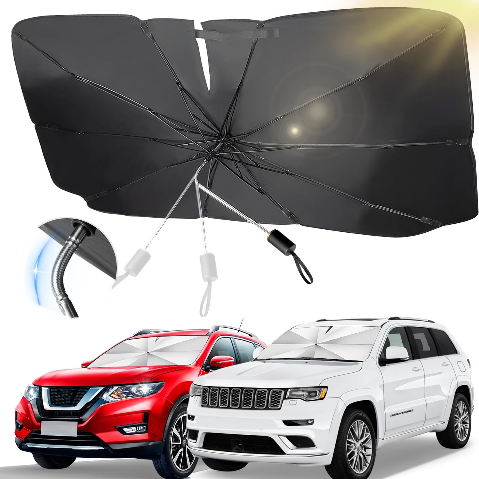 

INSGEER Car Sunshade for Front Improved Model with Reinforced Ten Ribs and Flexible Center Flexible Opens to Rearview Provides Light Heat and UV Front чёрный
