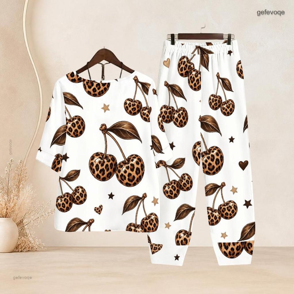 Women Plus Size White Printed Two Piece Set Crew Neck Half Sleeve Top Cross Hem Pants