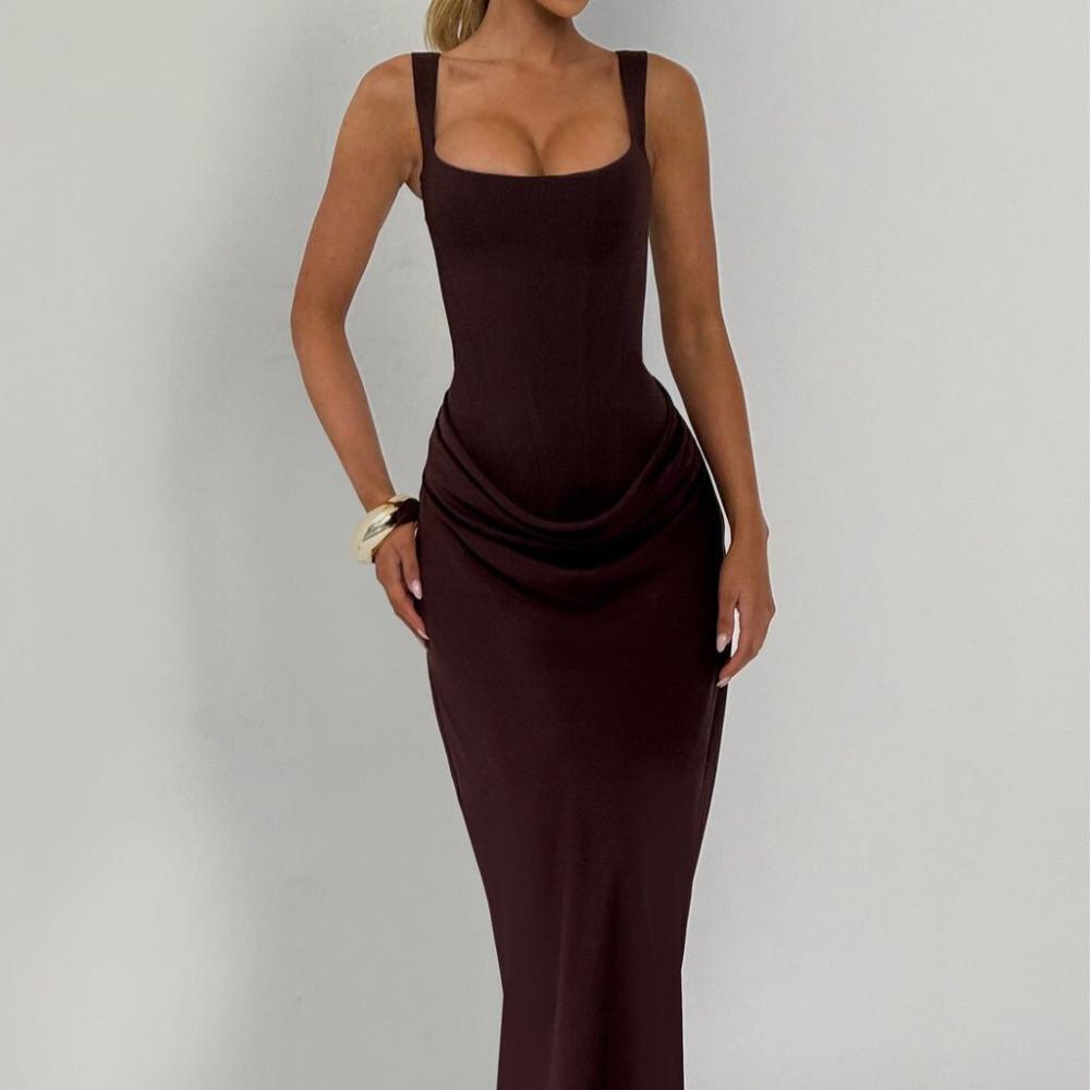 Women's Square Neck Sleeveless Solid Color Maxi Dress Mid Waist Bodycon Party Dress