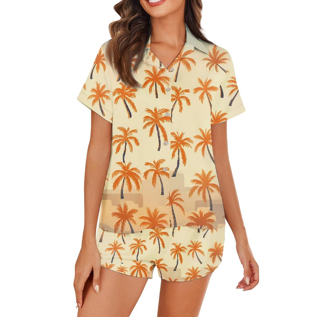 Women's Ice Silk Pajamas Button Homewear Hawaiian Print Short Sleeve Satin Pajama Set