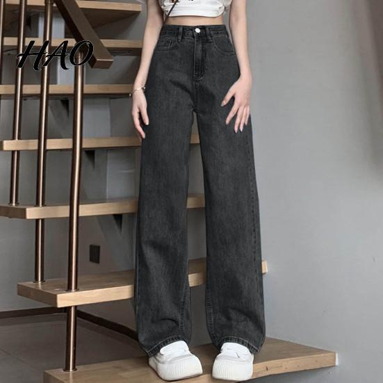 Solid Color High-waist Jeans Women High Waist Button Zipper Closure Vintage Loose Fit Hidden Belly Shape Trousers Pockets Straight Wide Leg Streetwear