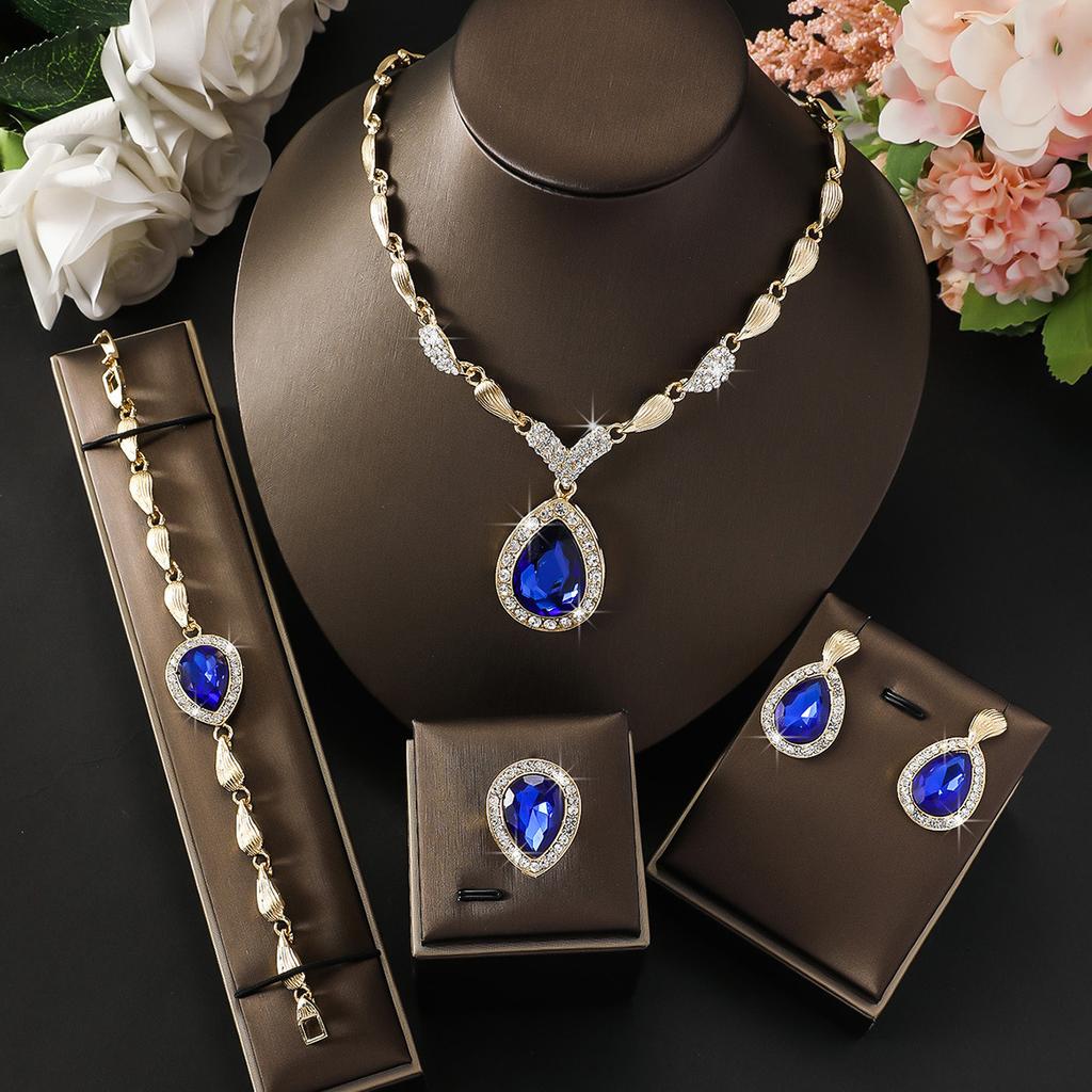 2026 Exaggerated Water Drop Gemstone Collarbone Chain Alloy Gold-plated Four-piece Bridal Banquet Jewelry
