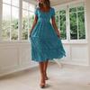 Damen Sommerkleid mit Blumenmuster Kurzarm Eckiger Ausschnitt Rüschengestuftes Schwingendes A-Linien-Kleid Lässig Fließend Boho Strand-Sommerkleid
