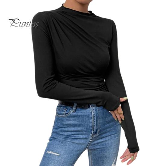 

Женская однотонная рубашка с половиной высокого воротника и длинными рукавами, однотонный облегающий плиссированный пуловер, топы M чёрный