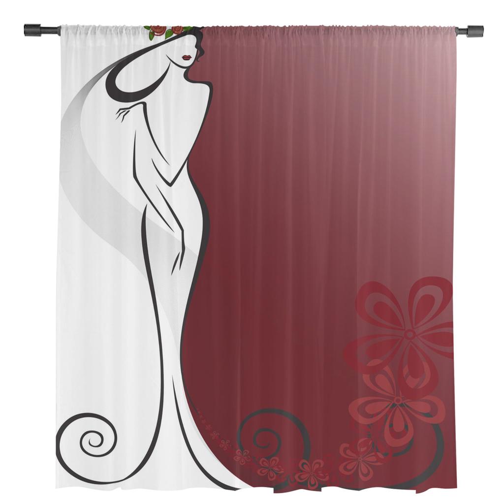 Fashion Woman Girls Hat Flowers Red Roses Sheer Curtains for Living Room Decoration Window Curtains Kitchen Tulle Voile Curtains