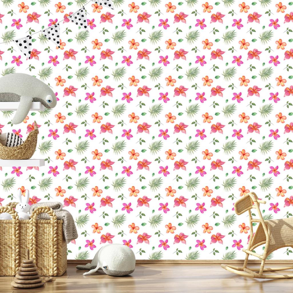 Wallpaper Flowers white, powder pink, coral and lime 50x1000