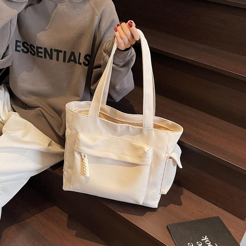 Solid Color Commuter Canvas Bag New Student Class Large Capacity Shoulder Bag Niche Trendy Tote Bag