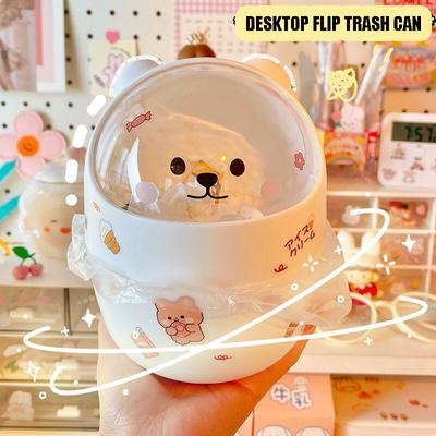 1 Pcs Trash Can Organizer Ins Desktop With Kawaii Lid Cute Bear Trash Bin Storage Box Pen Holder For Girl Storage Bucket With Flip Top