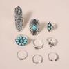 Retro Cactus Turquoise Ring Set 9pcs Faion Jewelry Accories Alloy Embedded Artificial Gemstone New Condition