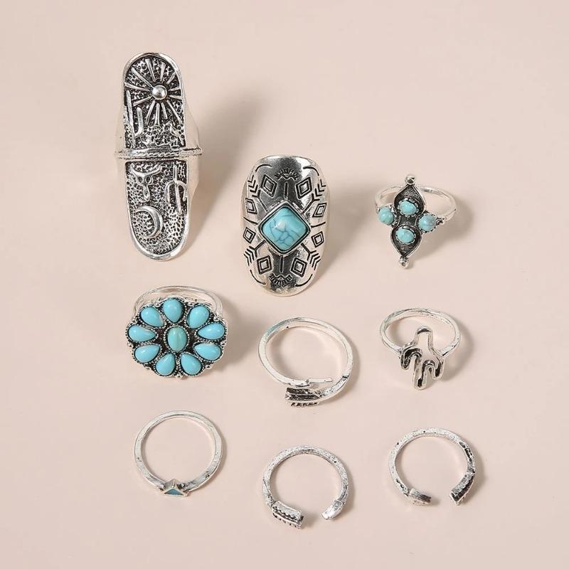 Retro Cactus Turquoise Ring Set 9pcs Faion Jewelry Accories Alloy Embedded Artificial Gemstone New Condition