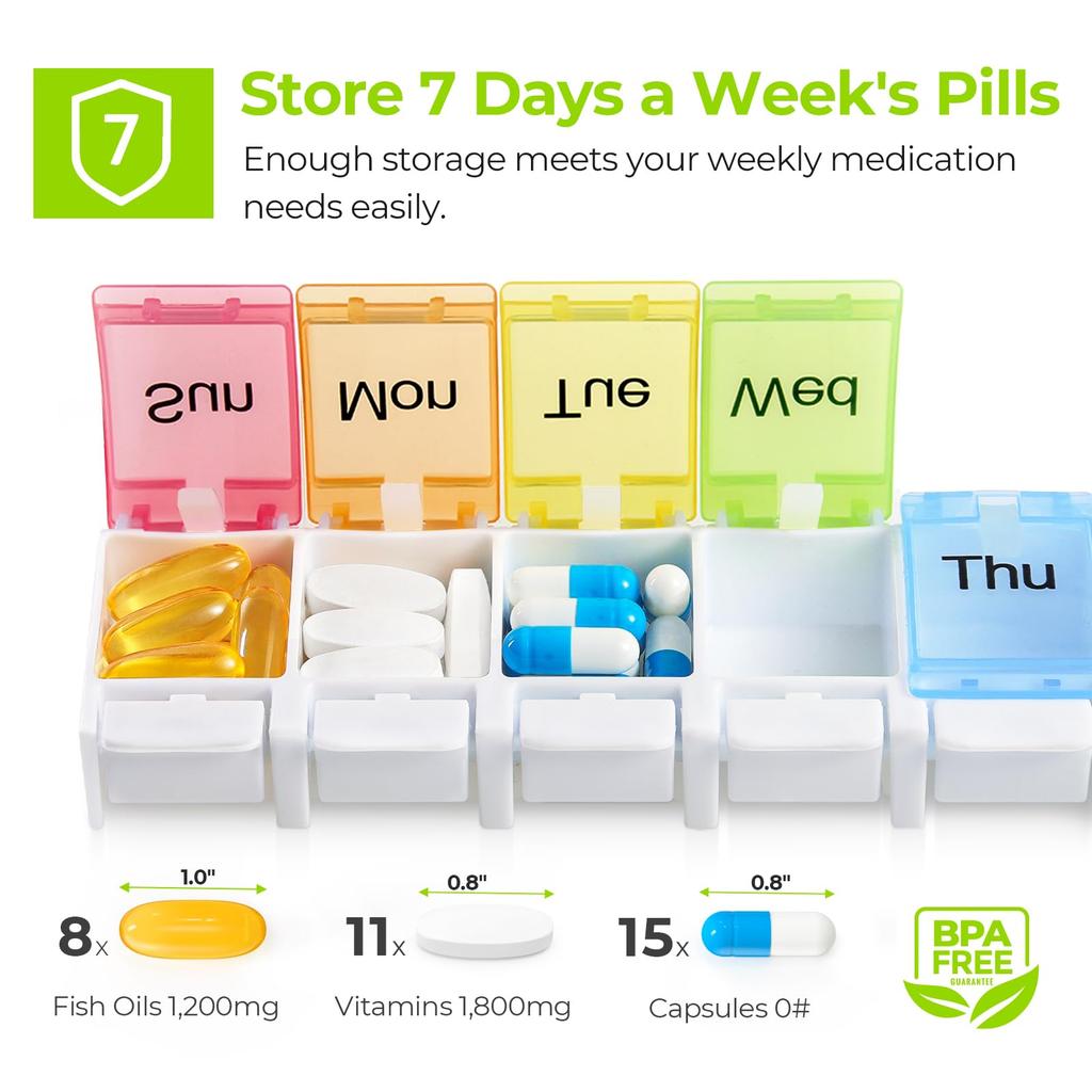 Wöchentlicher Pillenorganisator Arthritis-freundlich, BPA-frei Reise 7-Tage-Pillenbox-Etui mit Federöffnungsdesign und großem Fach