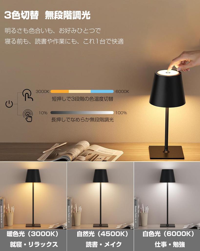 Tledtech Rechargeable Night Light, Desk Lamp [Cordless, Touch Control], Bedside Light, 3 Color Switching, Stepless Dimming, USB Charging, IPX4