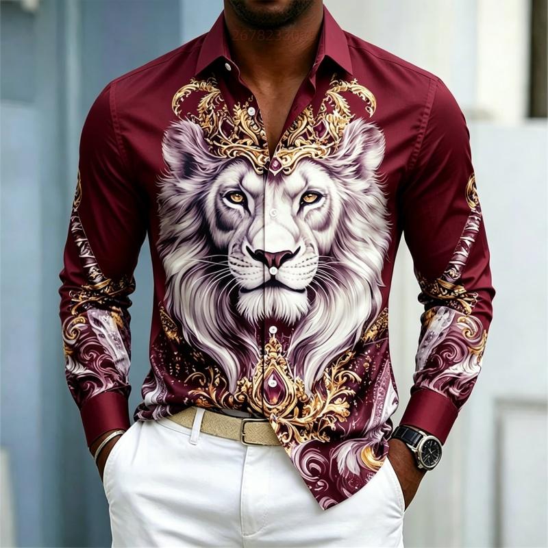Camicia da uomo a maniche lunghe con colletto camicia Stampa Re Leone camicia business casual alla moda casual taglia grande vestibilità aderente top da uomo