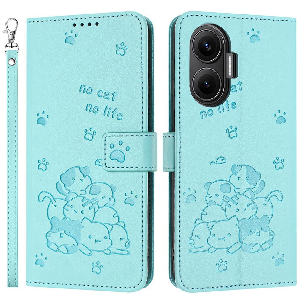 

For Xiaomi Poco F7 5G/Redmi Turbo 4 Pro 5G Wallet Case Cats Imprint Leather Phone Cover with Strap Green