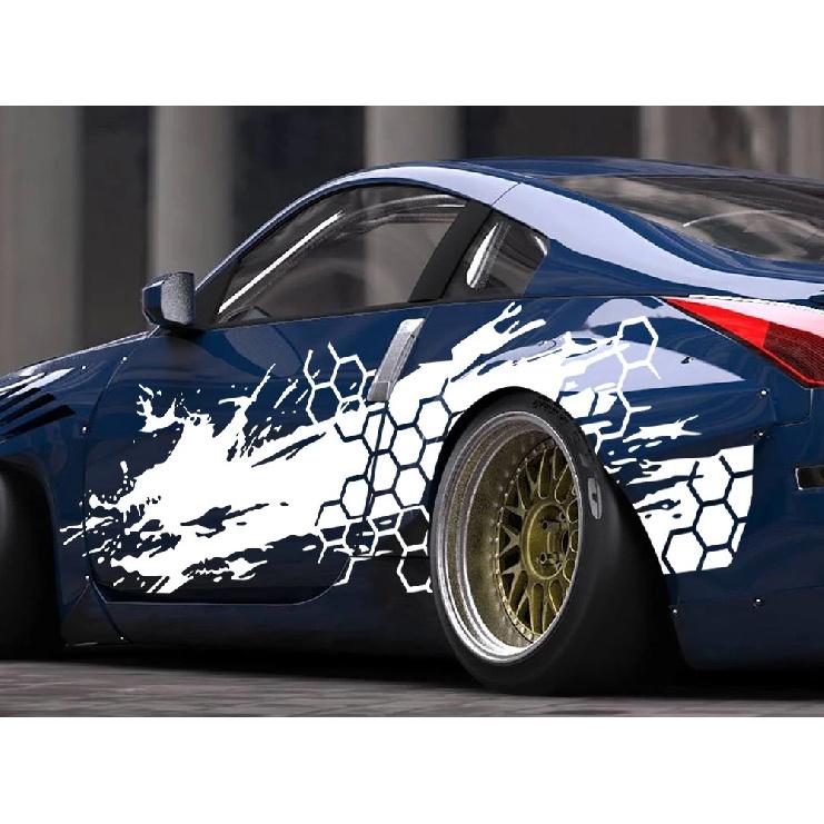 2PCS Car Door Side Stickers Car Livery Honeycomb Stripes Graphics Styling Vinyl Full Body Decor Decals Auto Tuning Accessories