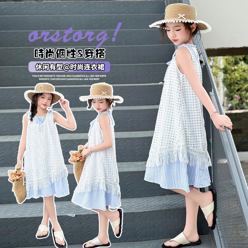 Women's clothing 2026 summer new layered hollow dress, mid size children's vacation style striped two-piece set, stylish