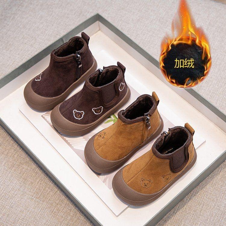 Korean version of girls embroidered bear short boots 2025 winter new two-cotton velvet warm boys non-slip sports cotton boots