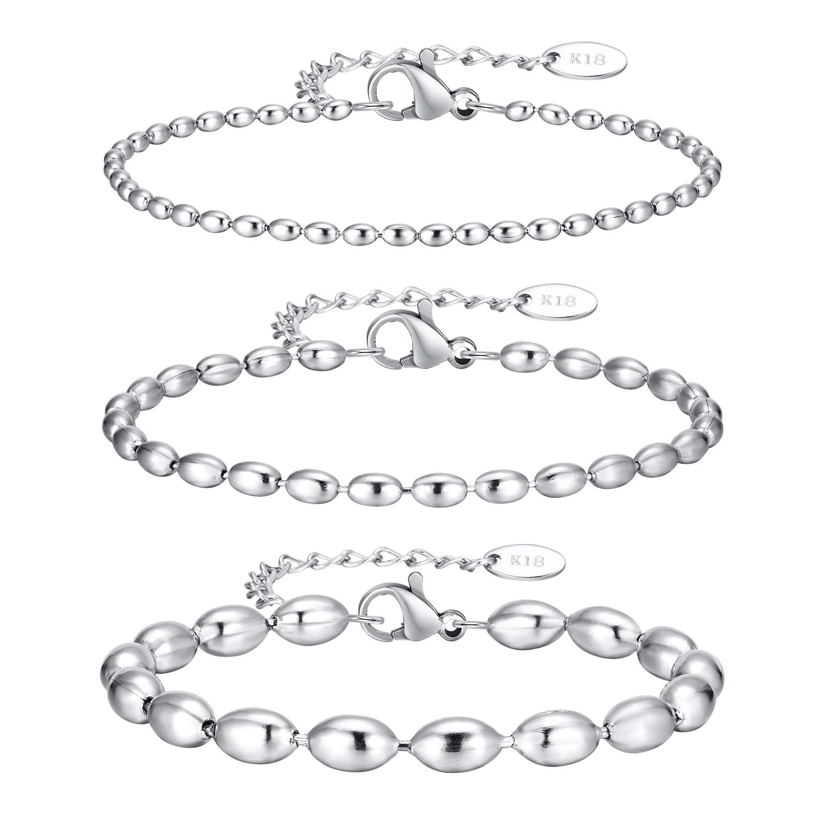 

2mm-5mm Oval Beaded Bracelet Stackable,18k Gold Plated Stainless Steel Chain Bangle for Women 2mm