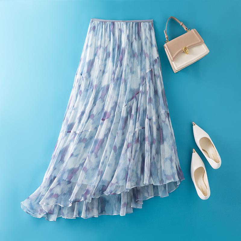 

Misty Flow: Mulberry Silk Pleated A-Line Midi Skirt with Ink Painting Print Extra Large квітковий колір друку