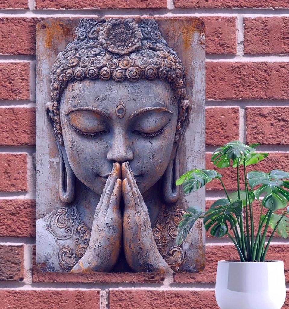 Vintage Golden Leaf Buddha Aluminum Sign | Retro Metal Wall Art – Easy-Install Decor for Home, Garden & Room Spaces