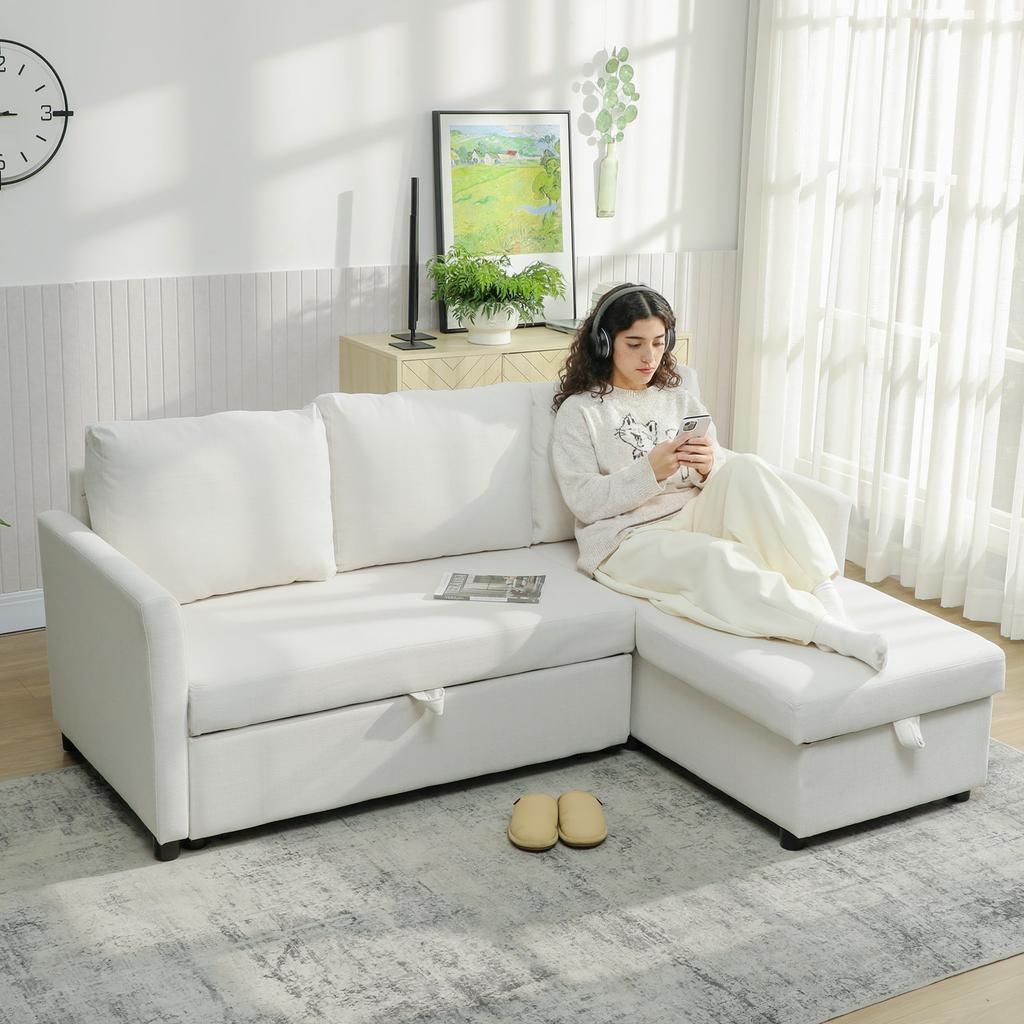 Corner Sofa Bed Linen Effect with Hidden Storage Compartment, 192x148x86 Cm, Cream White