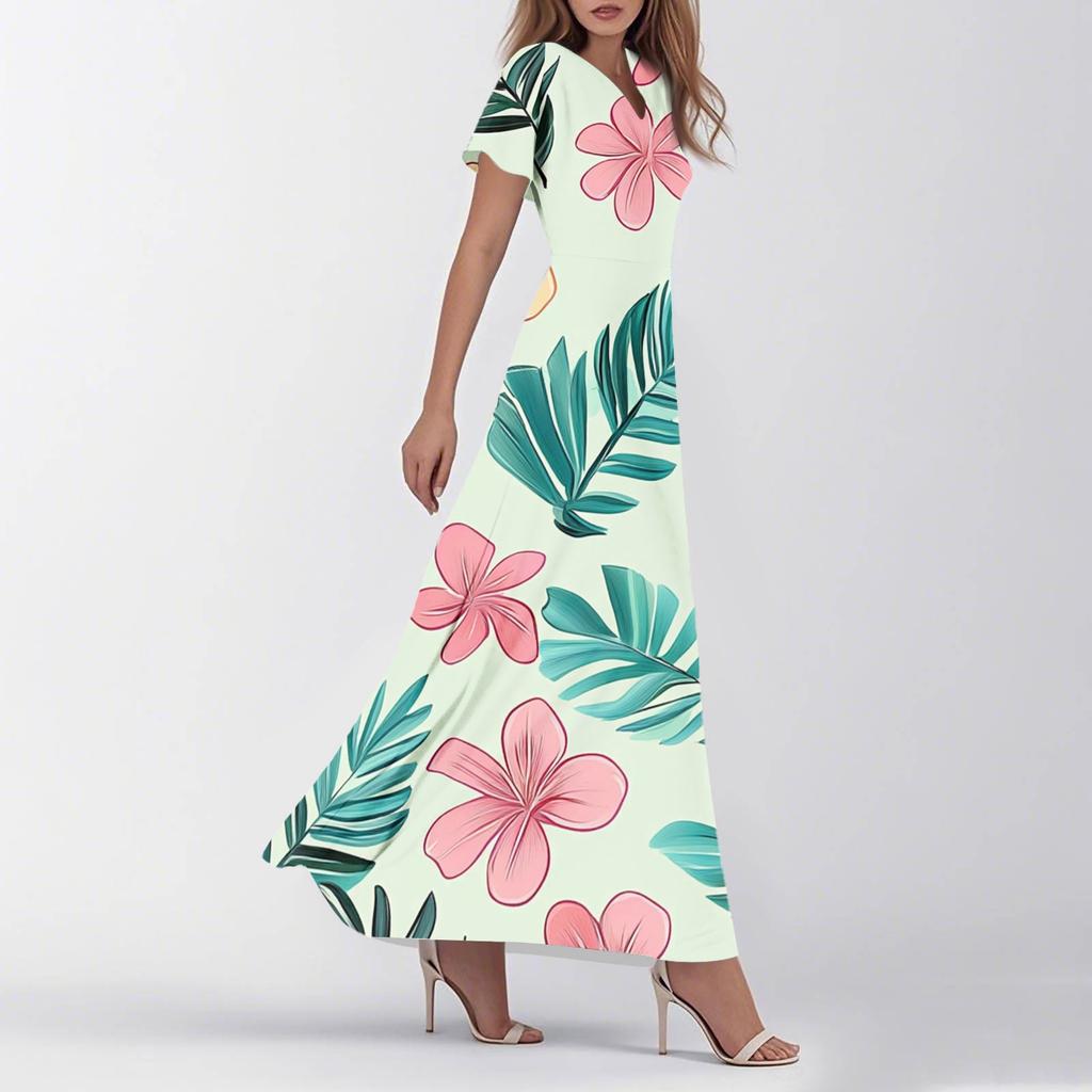 Dámské letní ležérní móda retro květinové šaty s výstřihem do V, krátkým rukávem