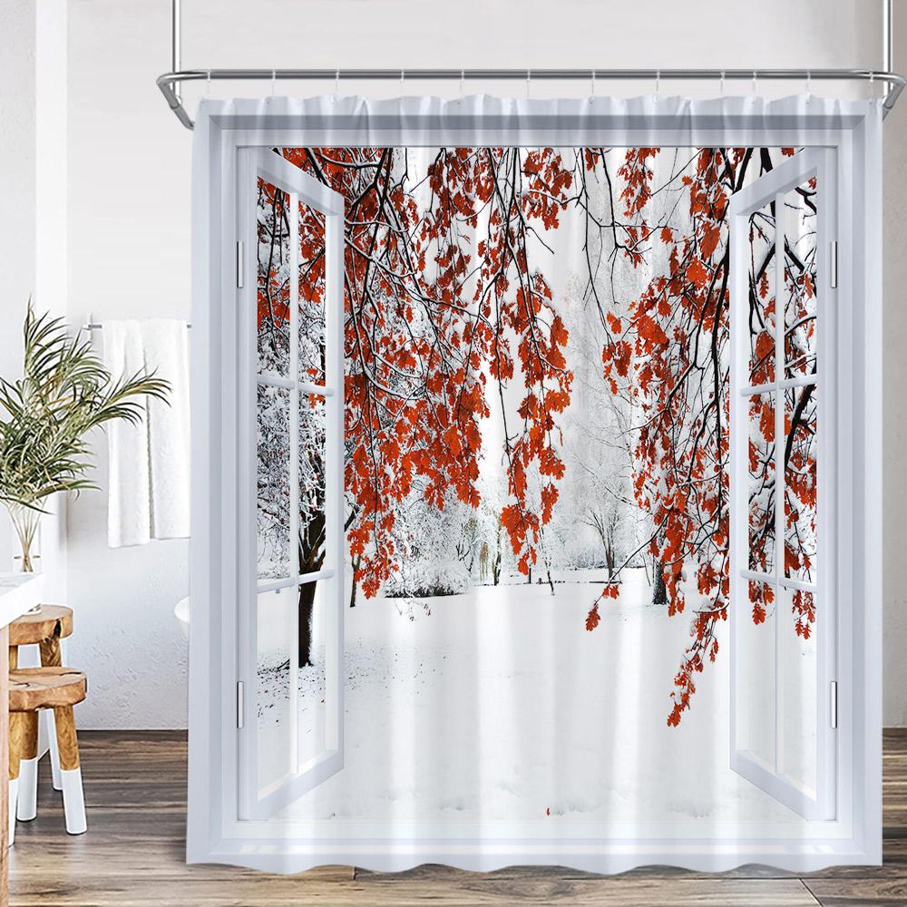 Winter Forest Scenery Shower Curtain Snow Window Outside Nature Landscape Snowy Pine Tree Bathroom Decor Polyester Bath Curtain