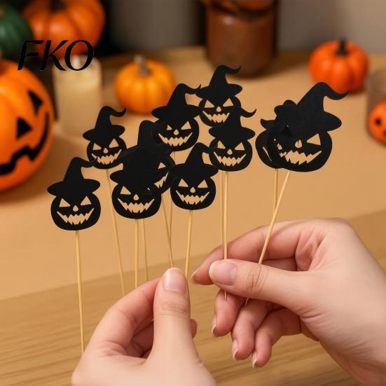 Safe Food Contact Cake Decoration 8 Pcs Halloween Cupcake Toppers, Black Glitter Witch Hat Pumpkin Stiff Topper for Desserts Picks Party Supplies,