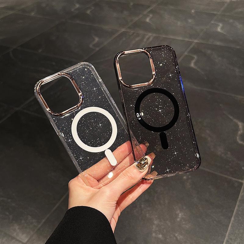 Suitable for IPhone16promax Flash Powder Transparent Magnetic Phone Case and Apple 15 Metal Lens Anti Drop Protective Case