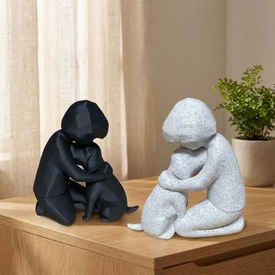 3D Printed Human Hug Dog Friendship Sculpture Minimal Boy Dog Figurine  Home Desktop Decor
